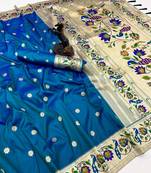 Teal soft silk paithani saree with peacock meena zari border & rich pallu