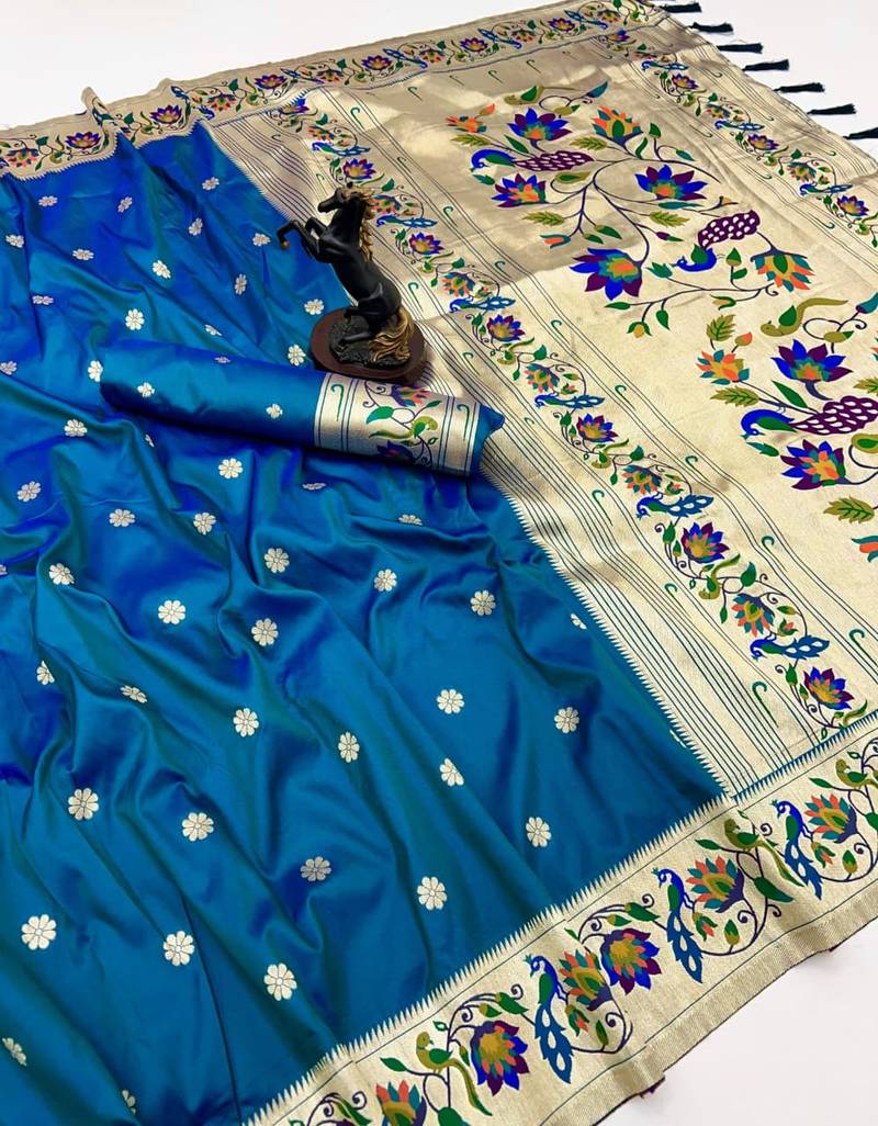 Teal soft silk paithani saree with peacock meena zari border & rich pallu