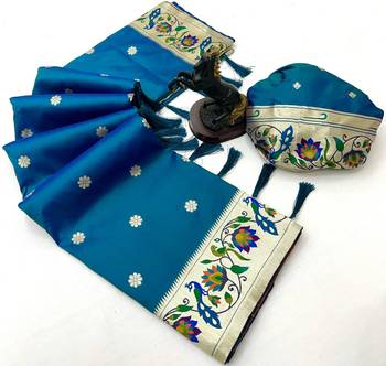 Teal soft silk paithani saree with peacock meena zari border & rich pallu 2