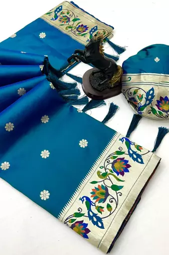 Teal soft silk paithani saree with peacock meena zari border & rich pallu