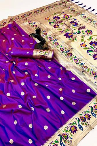 Magenta soft silk paithani saree with peacock meena zari border & rich pallu