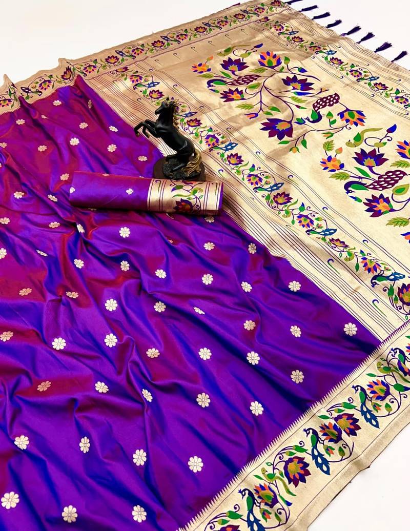 Magenta soft silk paithani saree with peacock meena zari border & rich pallu
