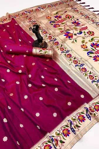 Pink soft silk paithani saree with peacock meena zari border & rich pallu