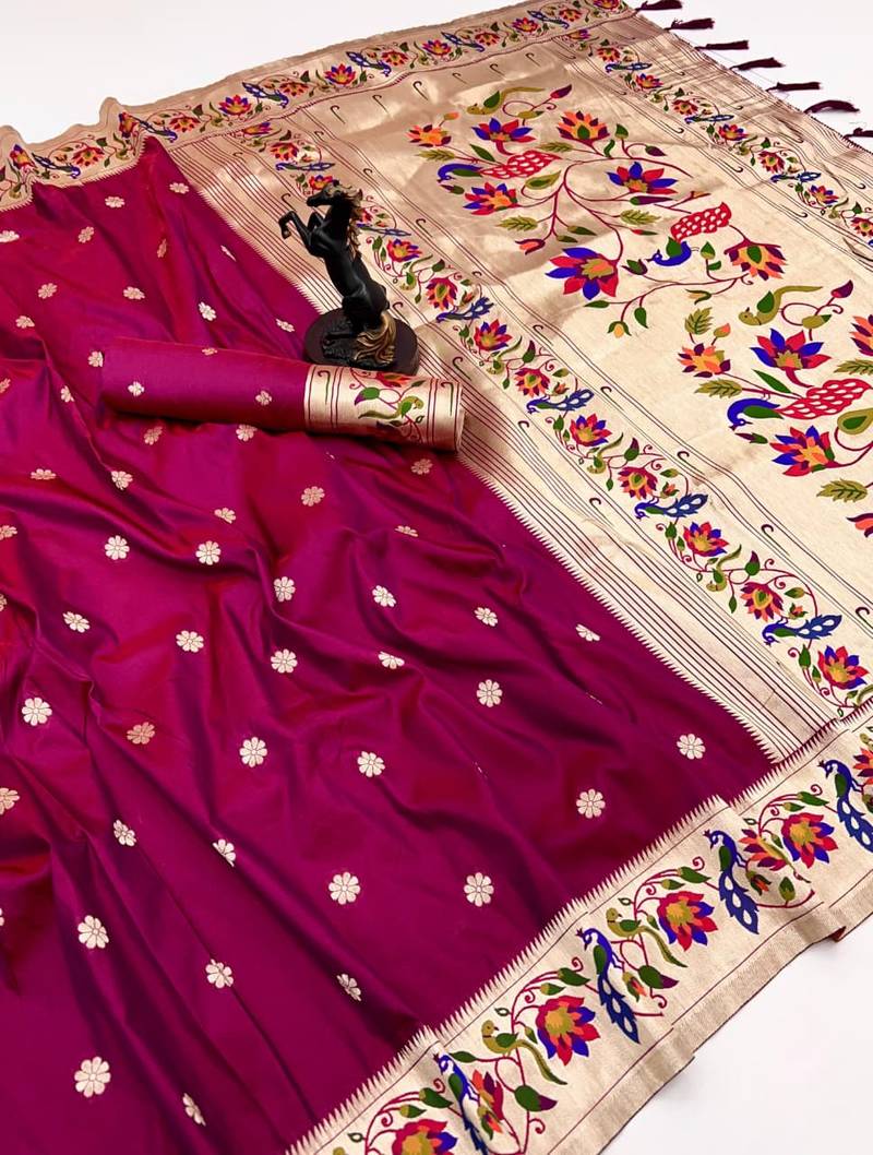 Pink soft silk paithani saree with peacock meena zari border & rich pallu