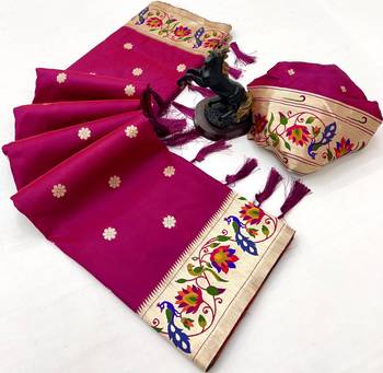 Pink soft silk paithani saree with peacock meena zari border & rich pallu 2