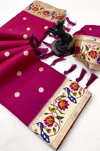 Pink soft silk paithani saree with peacock meena zari border & rich pallu