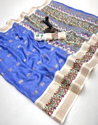 Blue soft tussar silk saree with zari butti & kashmiri style woven border 1