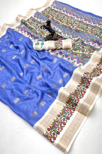 Blue soft tussar silk saree with zari butti & kashmiri style woven border