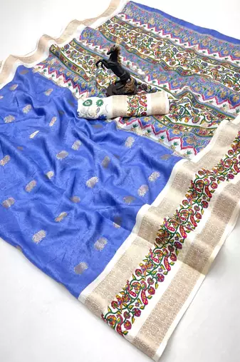 Blue soft tussar silk saree with zari butti & kashmiri style woven border