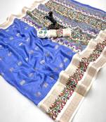 Blue soft tussar silk saree with zari butti & kashmiri style woven border
