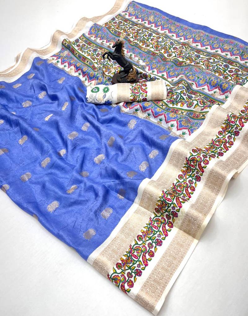 Blue soft tussar silk saree with zari butti & kashmiri style woven border