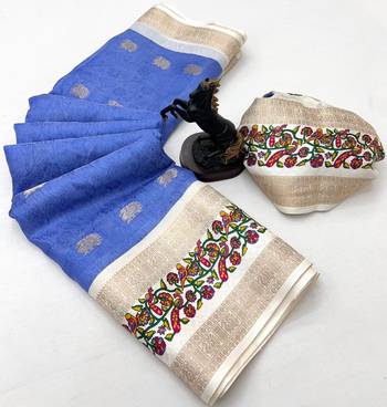 Blue soft tussar silk saree with zari butti & kashmiri style woven border 2