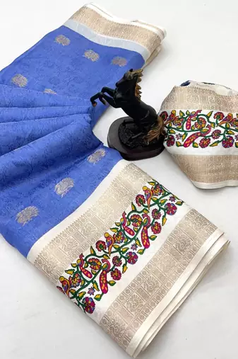 Blue soft tussar silk saree with zari butti & kashmiri style woven border