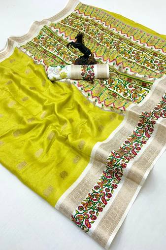 Yellow soft tussar silk saree with zari butti & kashmiri style woven border