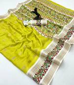 Yellow soft tussar silk saree with zari butti & kashmiri style woven border