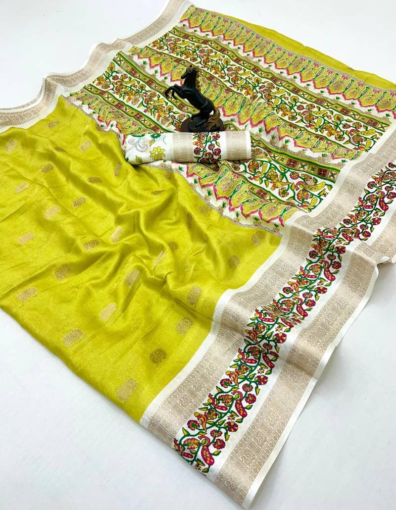 Yellow soft tussar silk saree with zari butti & kashmiri style woven border