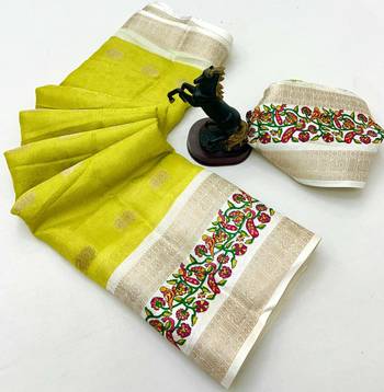 Yellow soft tussar silk saree with zari butti & kashmiri style woven border 2