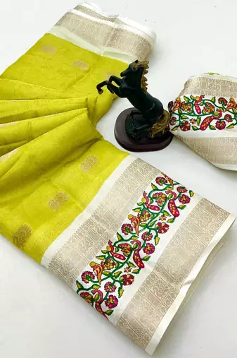 Yellow soft tussar silk saree with zari butti & kashmiri style woven border