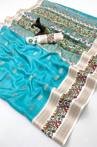 Sky blue soft tussar silk saree with zari butti & kashmiri style woven border