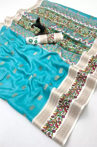 Sky blue soft tussar silk saree with zari butti & kashmiri style woven border