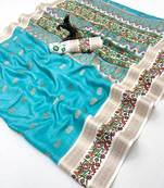 Sky blue soft tussar silk saree with zari butti & kashmiri style woven border