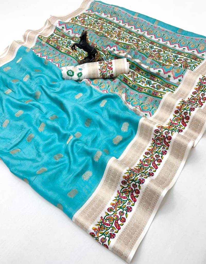 Sky blue soft tussar silk saree with zari butti & kashmiri style woven border