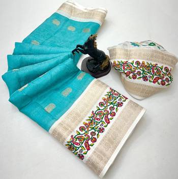 Sky blue soft tussar silk saree with zari butti & kashmiri style woven border 2