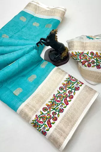 Sky blue soft tussar silk saree with zari butti & kashmiri style woven border