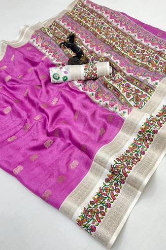 Pink soft tussar silk saree with zari butti & kashmiri style woven border
