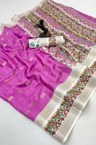 Pink soft tussar silk saree with zari butti & kashmiri style woven border