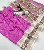 Pink soft tussar silk saree with zari butti & kashmiri style woven border
