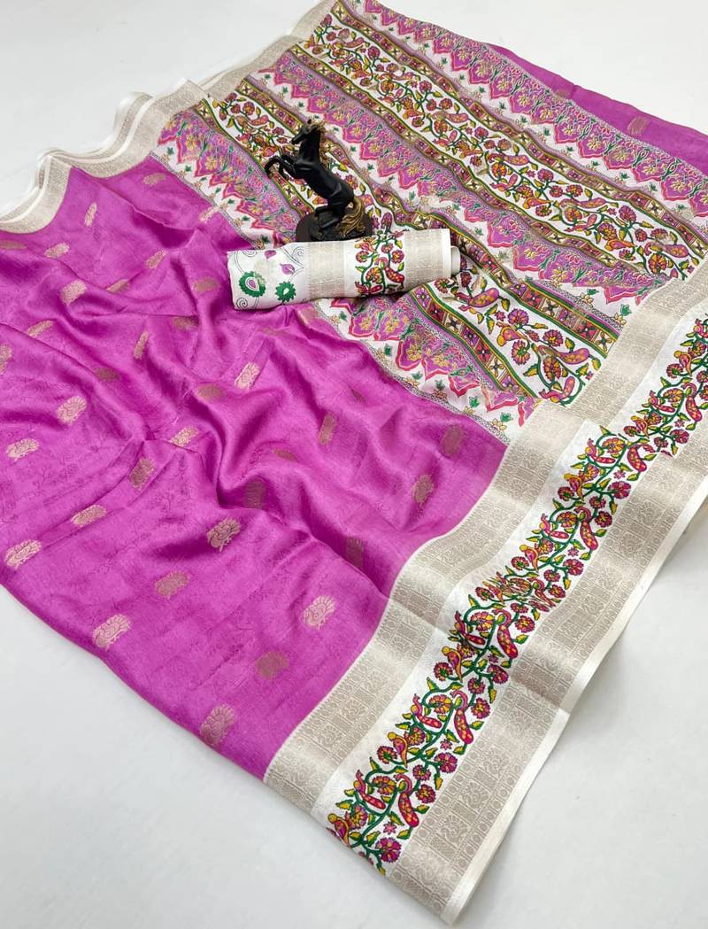 Pink soft tussar silk saree with zari butti & kashmiri style woven border