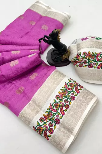 Pink soft tussar silk saree with zari butti & kashmiri style woven border