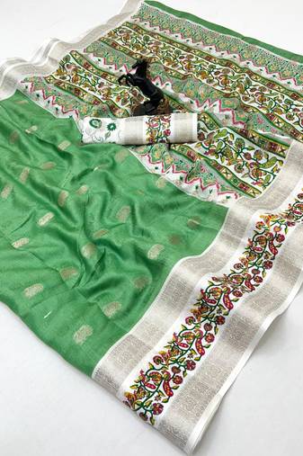 Light green soft tussar silk saree with zari butti & kashmiri style woven border