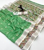 Light green soft tussar silk saree with zari butti & kashmiri style woven border