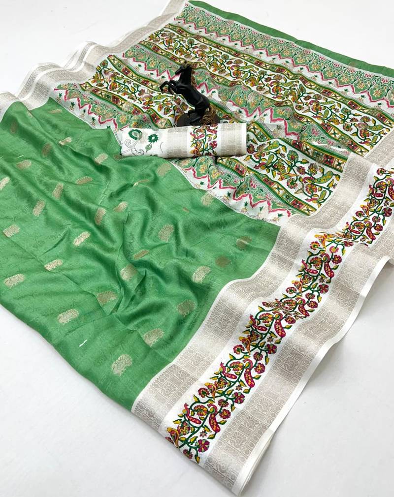 Light green soft tussar silk saree with zari butti & kashmiri style woven border