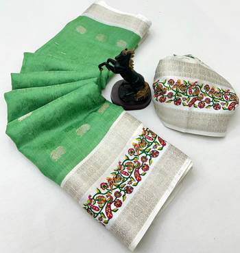 Light green soft tussar silk saree with zari butti & kashmiri style woven border 2