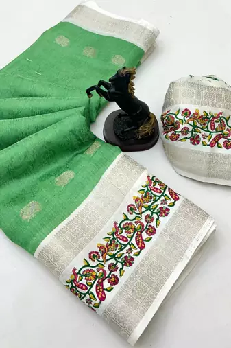 Light green soft tussar silk saree with zari butti & kashmiri style woven border