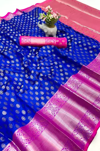 Royal blue kanjivaram style silk saree with antique zari & contrast pallu