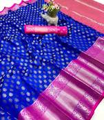 Royal blue kanjivaram style silk saree with antique zari & contrast pallu