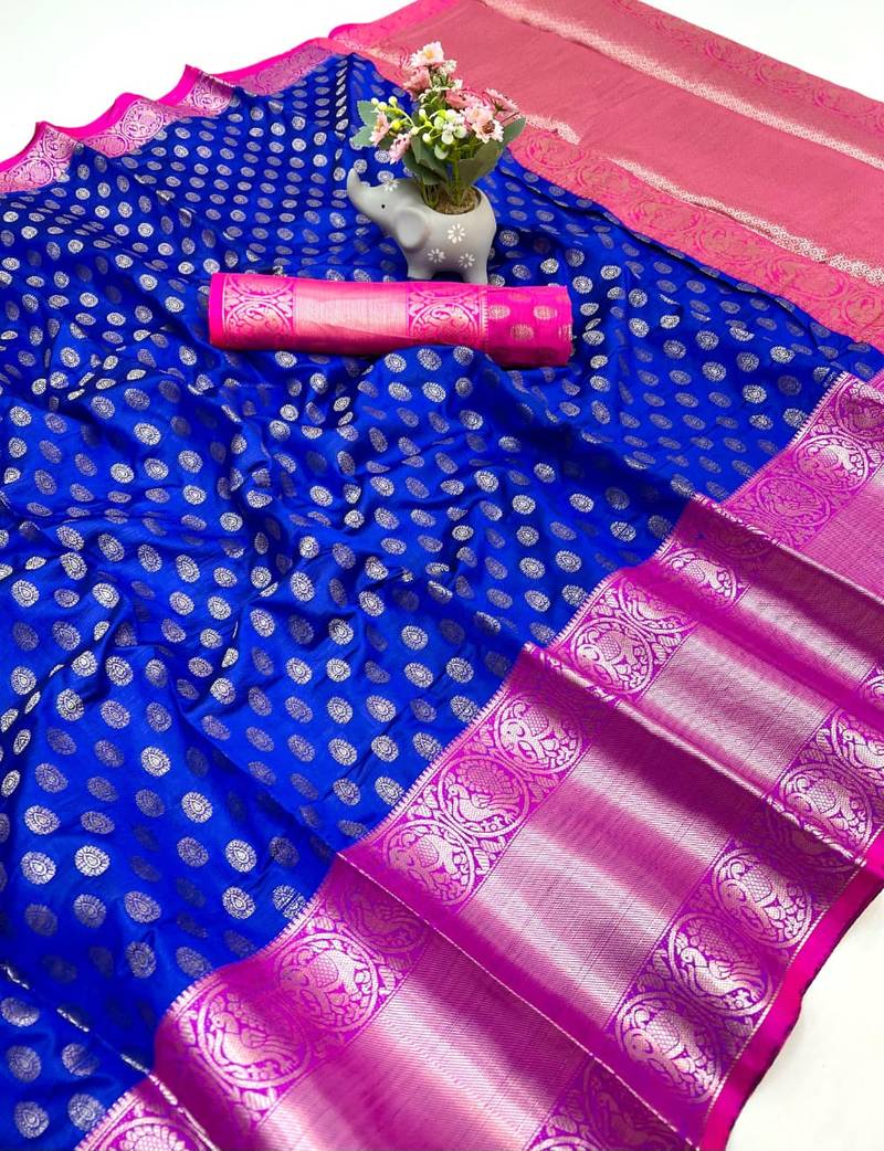 Royal blue kanjivaram style silk saree with antique zari & contrast pallu