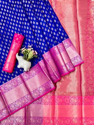 Royal blue kanjivaram style silk saree with antique zari & contrast pallu 2