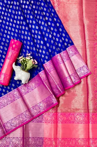 Royal blue kanjivaram style silk saree with antique zari & contrast pallu