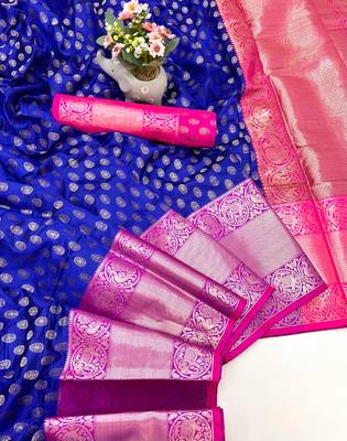 Royal blue kanjivaram style silk saree with antique zari & contrast pallu 3