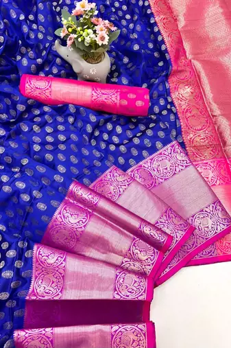 Royal blue kanjivaram style silk saree with antique zari & contrast pallu