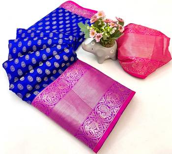 Royal blue kanjivaram style silk saree with antique zari & contrast pallu 4