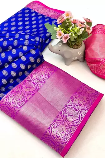 Royal blue kanjivaram style silk saree with antique zari & contrast pallu