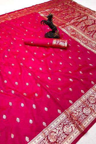 Hot pink banarasi silk saree with self weaving design & rich zari pallu