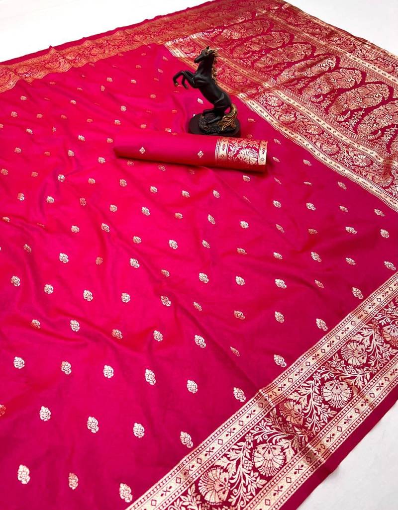 Hot pink banarasi silk saree with self weaving design & rich zari pallu