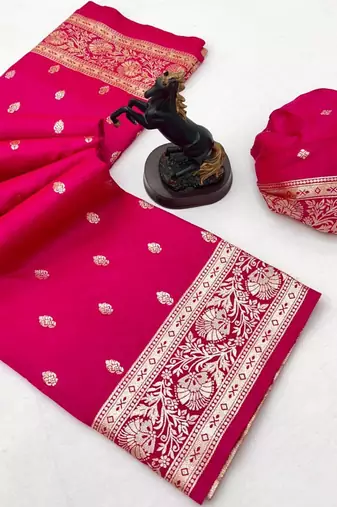 Hot pink banarasi silk saree with self weaving design & rich zari pallu